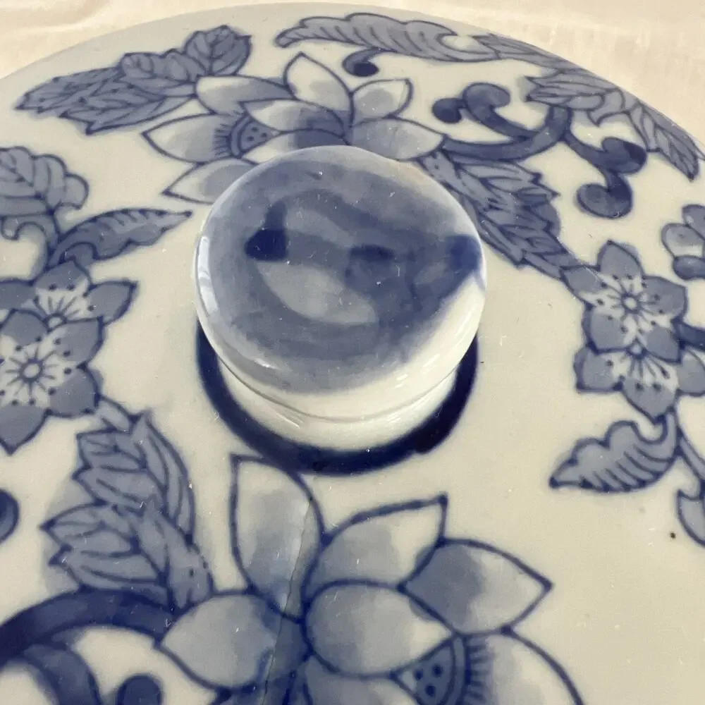 Blue and White Ceramic Floral Round Jar with Lid, Medium, 6 in, Decorative